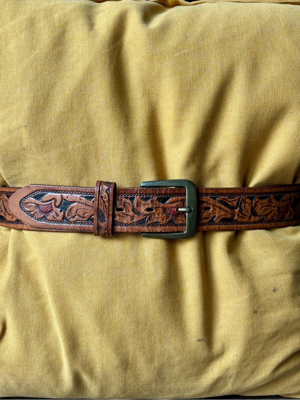J. Crew Hand-Tooled Floral Full Grain Brown Leather Belt with Brass Buckle 40673